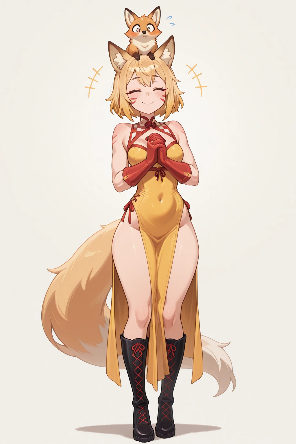 masterpiece, best quality, highres, ah3, naruko_uzumakai, facial mark, twintails hair, yellow hair, blue eyes, (((yellow multiple tails, yellow fox tail))), magical girl, naked body, slim body, large breasts, yellow stockings, bracelet, necklace, hair clip, sexy pose, smile, standing, landscape, (((holding a yellow fireball in one hand)))