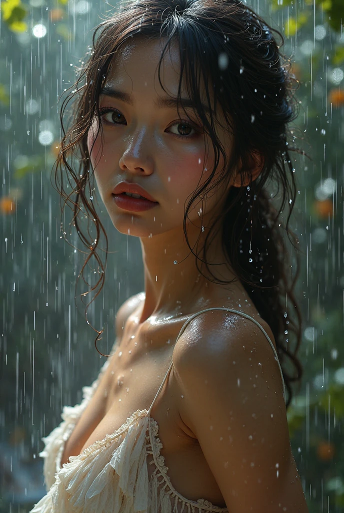 A beauty in a thin white dress, Wet hair, Underwear rain, Clothes were soaked with rain, Skin is exposed, Messy hair, nose blush, High detail, Close-up, hyper HD