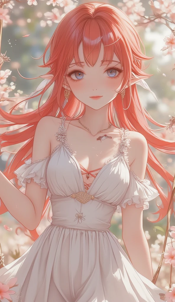 ambrosia, solo masterpiece portrait, majestic beautiful red hair Cute Anime Woman flower crown white dress stars wind bokeh forest waterfall dreamscape poppy /(flowers/) hallucination aurora morning dew drop mist, volumetric lighting, glimmer , shiny skin, POV, 90FOV, ambience, tendrils bangs, synesthesia, yellow eyes, will-o'-the-wisp \(mythology\), 1girl honeydew, maple leaf,