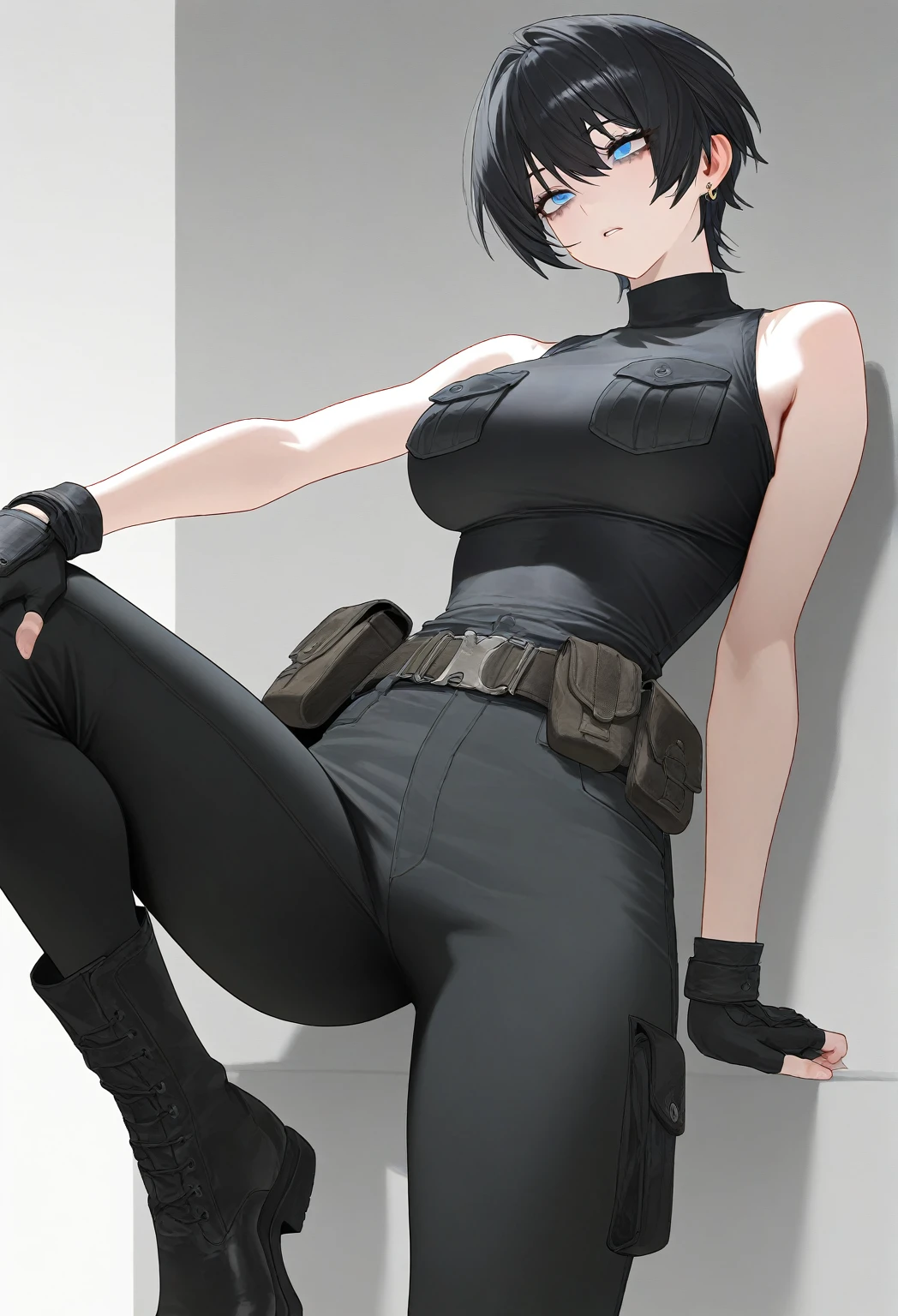 girl, short black hair, kung fu style pants, black t-shirt, muscular body
