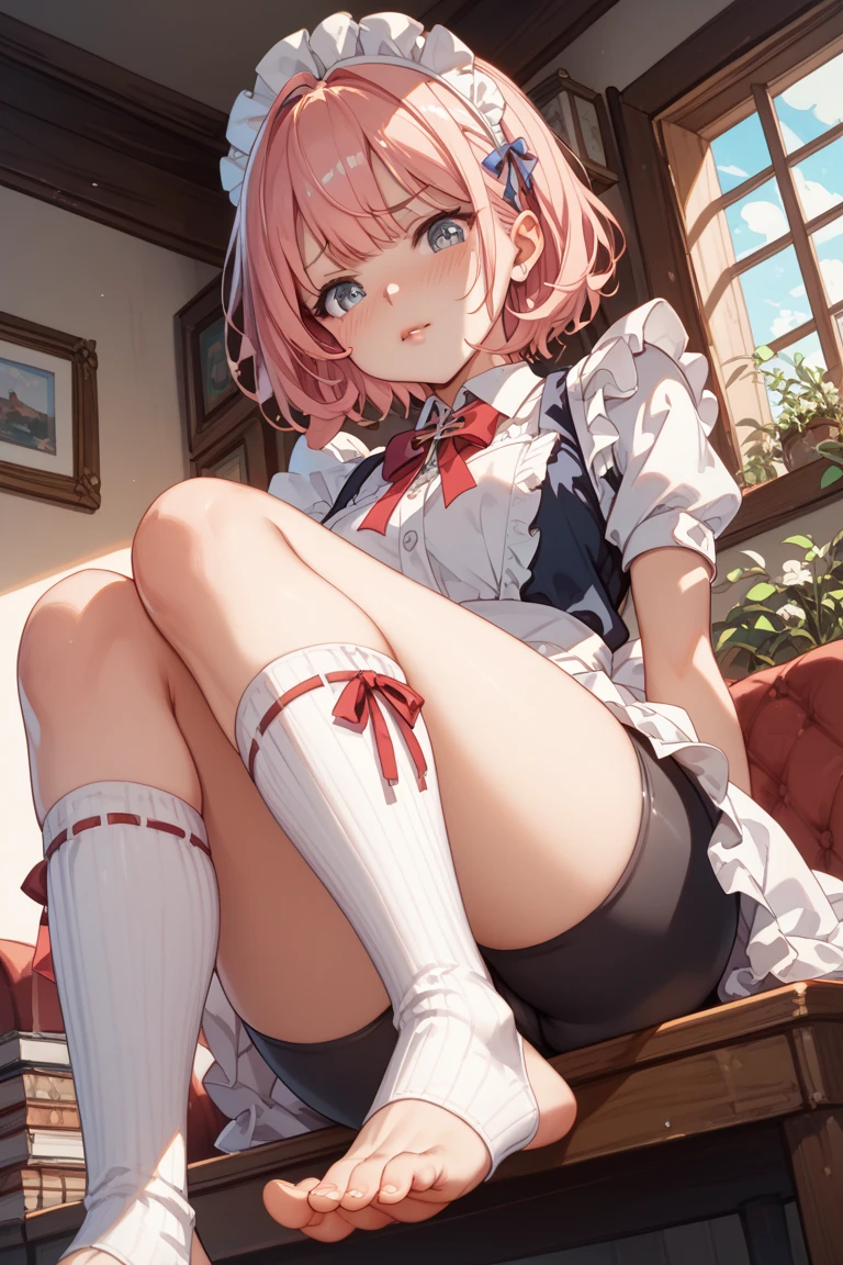 (Highest quality), (masterpiece), 1080p, High resolution, 4K, 8k, Panty stains, suspenders, Maruka Higuchi、higuchi_Madoka、Mature Japan、1 person、thin and thin legs、The whole body from head to foot、Sit on、、(black_pantyhose):1.2)、Showing white panties through stockings、Very beautiful 17 year old girl, Innocent big eyes, (brown_short_hair),,(前hair),dishevled hair,(hair clips),A slight blush, alone, Looking at the audience, Showing white panties、Flip up the skirt、Skirt flip、pull up the skirt with your hands、Show your underwear、Show off your pants with your own hands、Panty shot、Wide-open legs、Panties digging into the crotch、 Spread your legs、Spread your legs、High school uniform white blouse、High blue ribbon、Navy high pleated skirt、 spread legs, legs up, sole