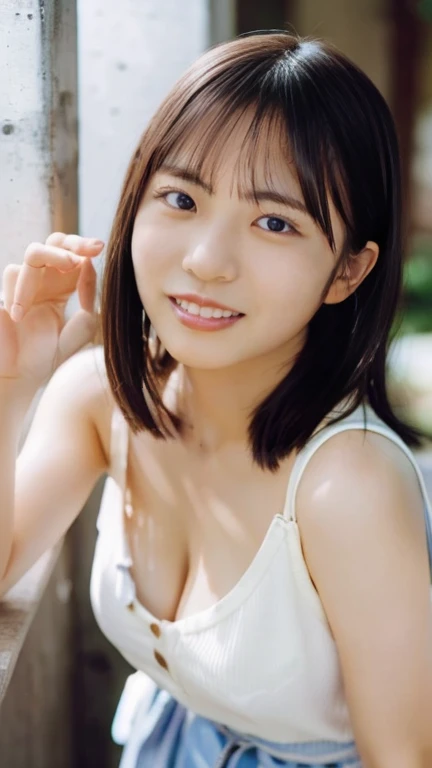 masterpiece、highest quality、official art、Highly detailed CG Unity 8k wallpaper、like 、very delicate and beautiful、超A high resolution、（Photoreal：1.4）、golden hour lighting、（Upper body）、（platinum hair：0.8）、（puffy eyes）、looking at the viewer、facing there、laughter、、、short black hair、White microbikini、See-through、wan wan style、return, Cleavage, Big Breasts, Beautiful abs, 
