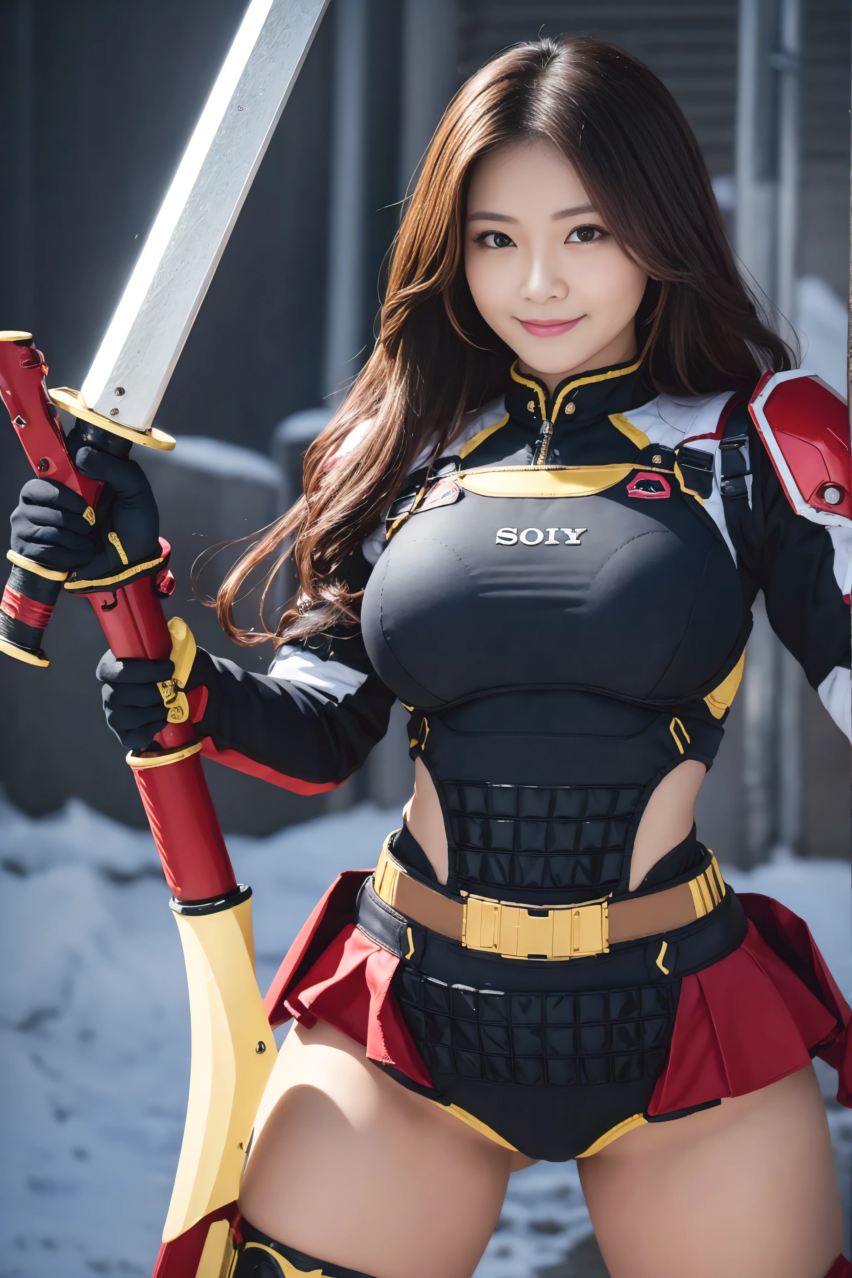 <lora:RedHoodV13:0.8>, (redhoodx), best quality, masterpiece, illustration, (realistic, photo-realistic:1.37), amazing, finely detail, incredibly absurdres, huge filesize, ultra-detailed, highres, extremely detailed CG unity 8k wallpaper, ray tracing, nsfw, A photo of a beautiful young woman with Korean-style facial features resembling a popular actress, facing the viewer. She has rosy cheeks, a confident smiling face, very long hair, mechanical horns, red eyes, and a large bust. She is wearing a partially unzipped black latex bodysuit, black latex pants with red suspenders. The pants are opened wide along the sides of the waist and entire inner thighs to reveal a fair amount of skin while still covering most areas. She also wears a red scarf around her neck and a red and black striped belt around her waist. She is standing surrounded by tall swaying grass illuminated by the glowing sunset light. In the background is a vivid sunset sky with clouds and rays of light. The photo is taken from a low perspective looking up at the woman against the sunset and grass. Everything is highly detailed and in perfect focus.