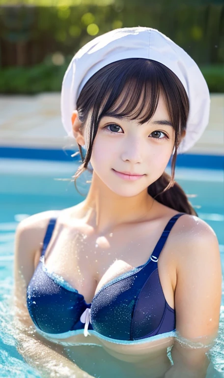 Swimwear、Huge 、Short brown hair、15-year-old gravure idol、Shiny, Oily skin、Shiny skin、Indoor competition pool、White skin、(Wear a swimming cap)