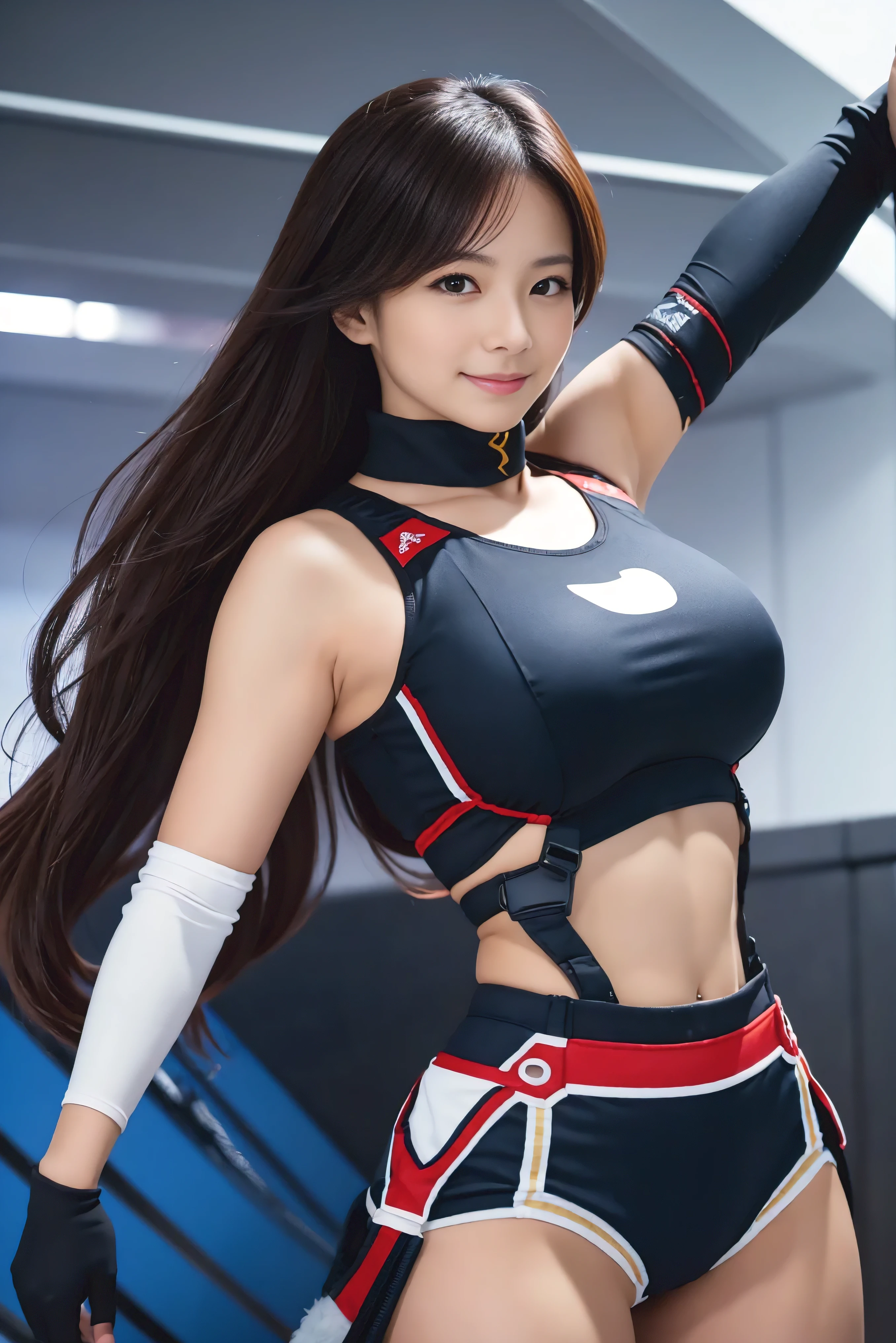 (8k, RAW photos, best quality, Masterpiece:1.2), High-quality RAW color photos, professional photography, (realistic, realistic:1.37), ((best quality)), 1 girl:1, 18, Cinematic Light, ,moody lighting, Blue Hour, ((Emphasize your cute face:1.4)), (delicate and detailed face:1.2), ((silly face)), (masterpiece:1.5), (best quality:1.2), looking at viewer, lipstick, v-shaped eyebrows, V-line chin, sexually suggestive face, (The background is blurry), glossy texture, strong wind:1.3, (Trendy voluminous wavy medium length hair:1.3), (perfect face:1.4), (beautiful and delicate eyes), glowing skin:1, White skin, slim, small nose, (small waist:1), (almond eyes:1), piercer, (coquettish smile:1.2), (big bust:1.3), split, forehead,head tilt, Lean your body forward, light makeup, small ass, wrestling match venue, ((sexy wrestling costumes:1.3)), (sexy white with pattern & red wrestling costume:1.3), ((Beautiful and compact white high leg wrestling costume:1.3)), (Patent leather long wrestling boots), Thimblehide Gloves, Dynamic combat action poses,
