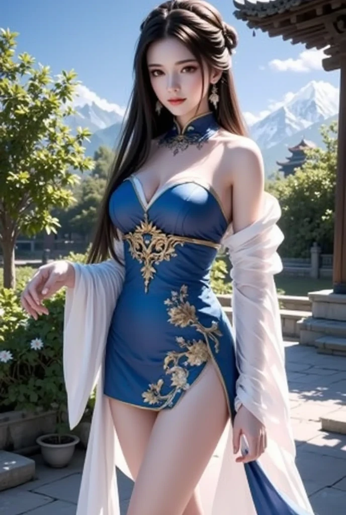 (masterpiece), best quality, HD, realistic, expressive eyes, perfect face, blue eyes, greeneyes, black choker, ruby necklace, sandals, hair intakes, blue dress, bare shoulders, earrings, dress, flower, jewelry, gloves, beads, white flower, thigh strap, hair ornament, cleavage, medium breasts, bangs, black hair, hair between eyes, long hair, breasts, chinese dress, ruanmei official, clothing cutout, aqua lingerie, aqua shorts, hair intakes, lipstick, chinese clothes, single hairbun, abs, muscular, cleavage, breasts, brown hair, RuanMei, 1girl, full body, mistress, milf, lab coat, aqua shorts, ruanmei, whorish, basketball background, busty, milf, curvy, midriff, tall, pubic hair, heels, vaginas, pussy, colonial, lingering, lingeries, whore