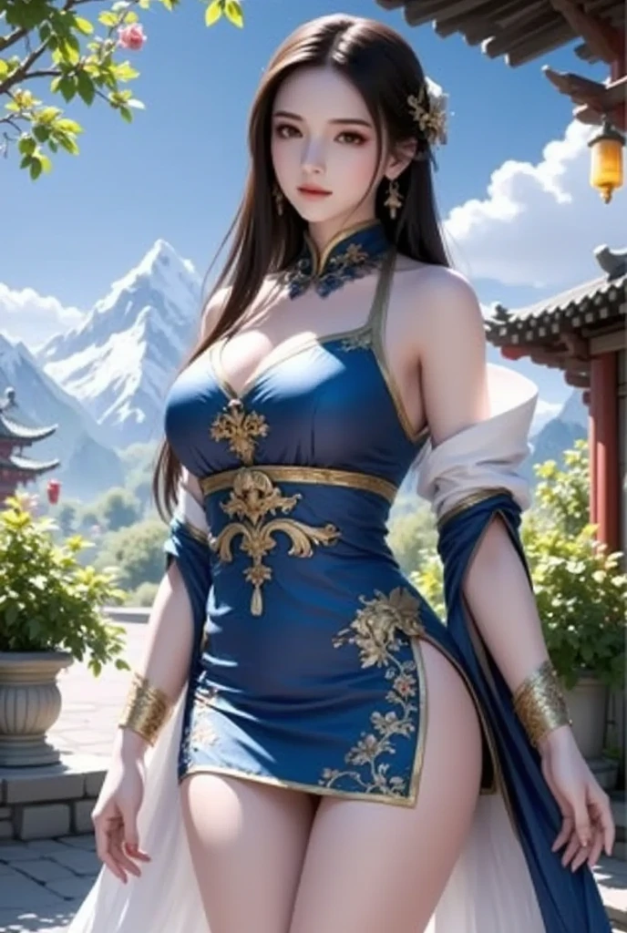 Best quality,masterpiece,ultra high res,(photorealistic:1.4),xiuxian,weapon,Detailed face, 1girl,solo,weapon,cleavage,(magic circle:1.2),xiuxian,upper body,Beautiful girl,full body,huge breasts,east asian architecture,sheath,architecture,