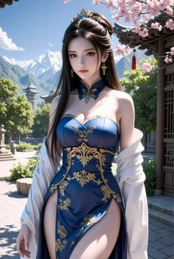 Gu Feng,bare shoulder masterpiece、best quality、high resolution),Photo Awardasterpiece,blue hair,blue eyes,realistic,high resolution,soft light,colored hair,water,water下,ocean,single skirt,thigh strap, big breasts, rift, grace的姿态,Slim and sexy legs, original photo, 脸庞beauty精致,Otherworldly beauty, attract attention。beauty、grace、mystifying, correct limb, Anatomically correct