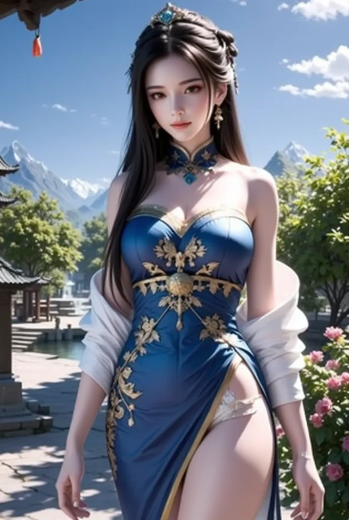 best quality, masterpiece, high_res, 1girl, hair ornament, necklace, jewelry, Beautiful face, tyndall effect, photo realistic, rim lighting, two tone lighting, (high detailed skin:1.2), 8k uhd, dslr, soft lighting, high quality, volumetric lighting, candid, Photograph, high resolution, 4k, 8k, Bokeh, medium breasts, absurdres, view of the body from head to knees, blue eyes color,