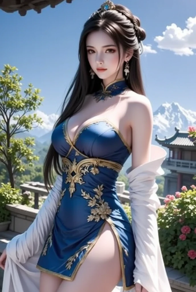 a photo of  a girl in light blue high slit cheongsam with flower pattern on it,best quality, masterpiece,(realistic:1.2),gigantic breasts,slim waist,wide hips,black hair,smile,in the garden,fair skin,lipstick,bust portrait,big cleavege,raw photo,8k,realistic,high-res,photograph,1080p,in spring,blush,perfect belly,sexy pose,chignon,see-through clothing,Jade bracelet,ear pendants,Mist shrouded in mist