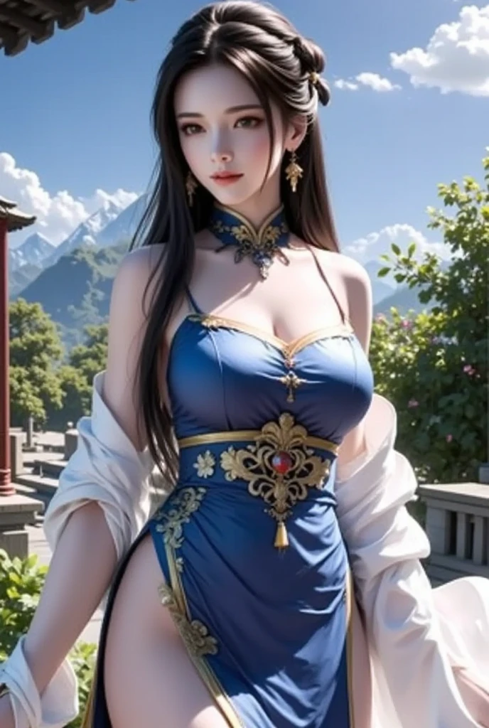 He is a young man , high, slender and thin, curly brown hair, tied to a ponytail and a Chinese crown with an orchid, White skin, eyes like light blue peach, Thin nose, fine reddish fleshy lips, On his forehead a jewel, a thin chain and a blue gem in the middle of his forehead tied to the chain, Navy blue tunic, black boots, bottom of a mountain, The image dates back to ancient China