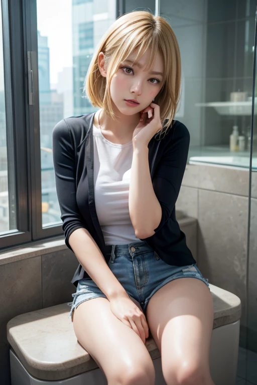 woman trapped in clear glass cube box, sitting on toilet thinking how to escape, touching chin while thinking,  Blonde Hair, Shoulder shirt, shorts, Times Square Center,  super realistic,  Photographic style , Movie,8K