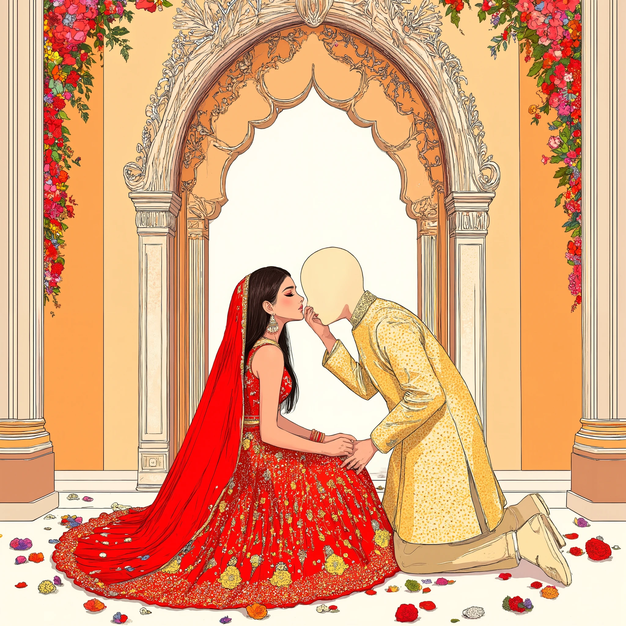 Hand-drawn A bride wearing a beautiful red lehenga with exquisite design sitting on the floor where flowers are spread around her and the groom wearing gold pastel sherwani , he is on his one knee and doing the gesture of kissing on her forehead and holding right hand of the bride . The characters should be faceless ( no eyes, no nose, no lips). The background must be majestic and elegant doorway frame with exquisite design.