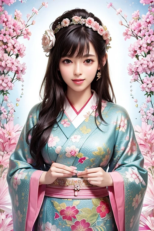 (masterpiece、highest quality、highest quality、official art、beautiful beautiful:1.2)、(1 girl)、very detailed、(fractal art:1.3)、Colorful、most detailed,(Pose with movement:1.4)、Details Beautiful and delicate face、Beautiful details and delicate eyes、very fine resolution, (symmetrical eyes:1.3),((japanese hair)),((natural smile)),Floral,feather