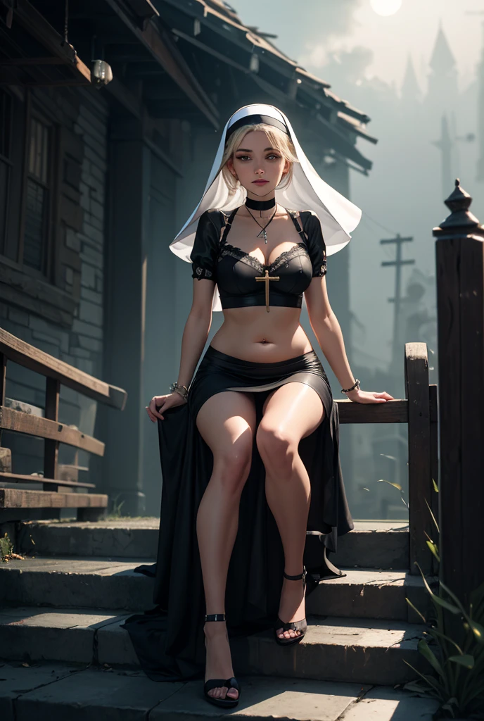 (((Medium shot:1.5)))photo of a 30 years old (TrualityCampus_Rosita),2girls soft smile, modelshoot style, (extremely detailed), (CG unity 8k wallpaper), Intricate, High Detail, Sharp focus, dramatic, ((photorealistic)), (((background(A ruined abbey with overgrown arches)))), ((posing for a photo)), (detailed pupils:1.2),warm smile, suntan, bronze skin, (full body shot, 8k, RAW photo, best quality, depth of field, ultra high res:1.2), (absurdres, intricate, photorealistic, masterpiece, ultra-detailed:1.3, cinematic lighting), shot at eye level, photography on a Fujifilm X-T4 with a 50mm lens, indoors, modelstyle photography setting,(facing left side side turned Looking at viewer over shoulder,small waist, medium hips, (huge natural breast:1.5) sideboob),(yokozuwari) wide depth of field,( very long White hair:1.5) , glossy lips, soft skin, elegant makeup, wearing (see-through:1.2) (Bone White) white dress <lora:WhiteRealStockings:0.8> WhiteRealStockings, visibile WhiteRealStockings top lace bands <lora:sldr3ssng:0.8> sldr3ssng, white dress