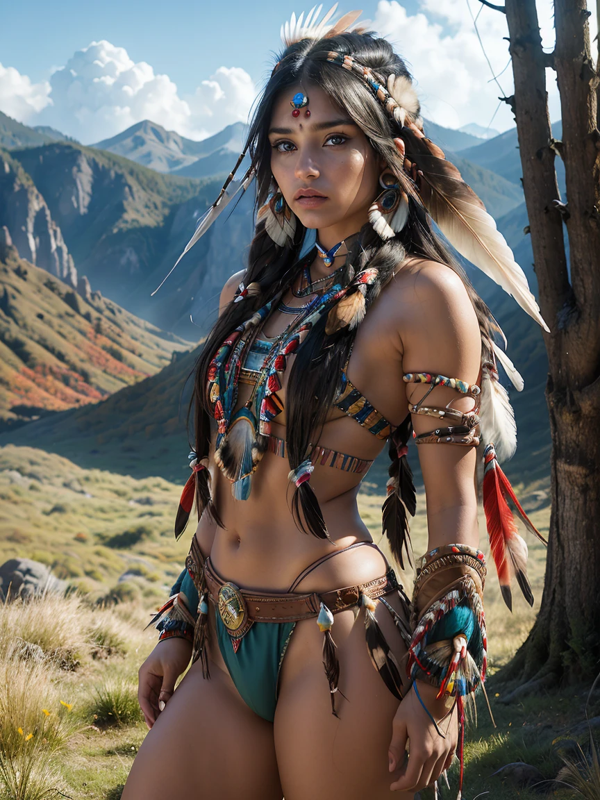 indigenous girl -HD photo - sexy photo -indigenous warrior- full body photo- beautiful legs- forest- high detailed- perfect face- straight black hair- straight bangs -snake- war paint- feather headdress- feathers- 18 years old- bow and arrow- wind- tribe