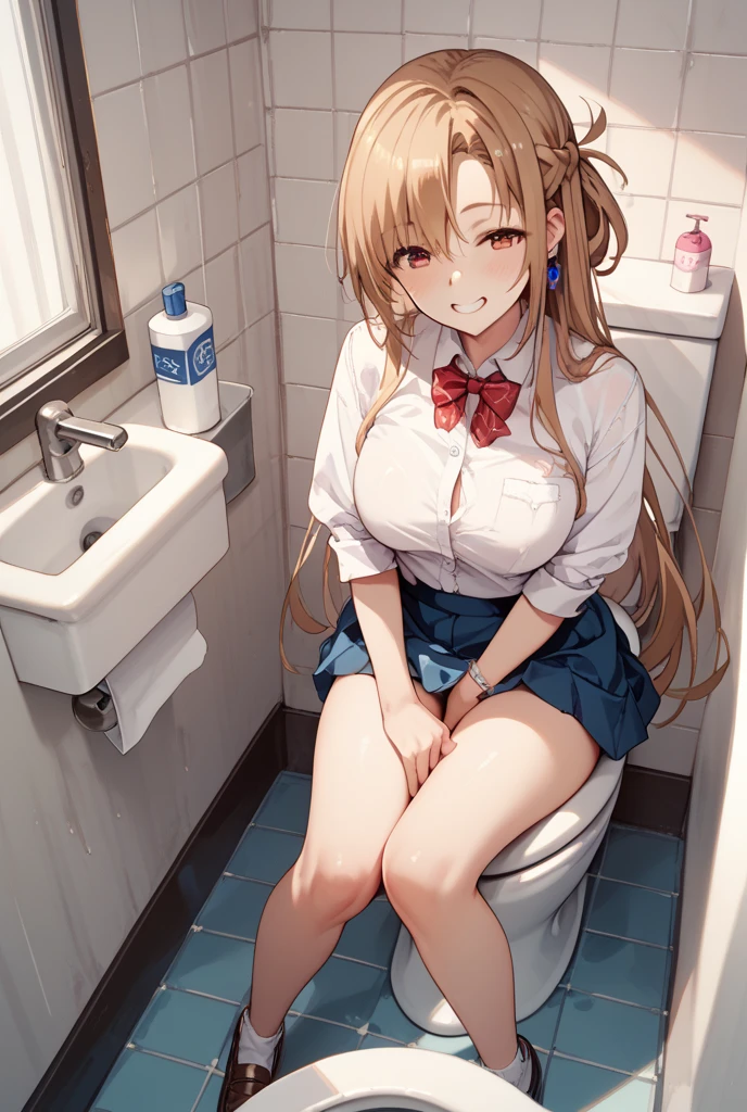 (8K、Highest image quality、highest quality、masterpiece)、detailed face、1 girl、((brown skin:1.3))、((blonde))、long hair、blunt bangs、gray eyes、evil smile ((grin))、big breasts、((unbuttoned white collared shirt))、cleavage、black pleated skirt、miniskirt、white socks、open legs、sit on the toilet、caughtpeeing、Taken from above、whole body、toilet background
