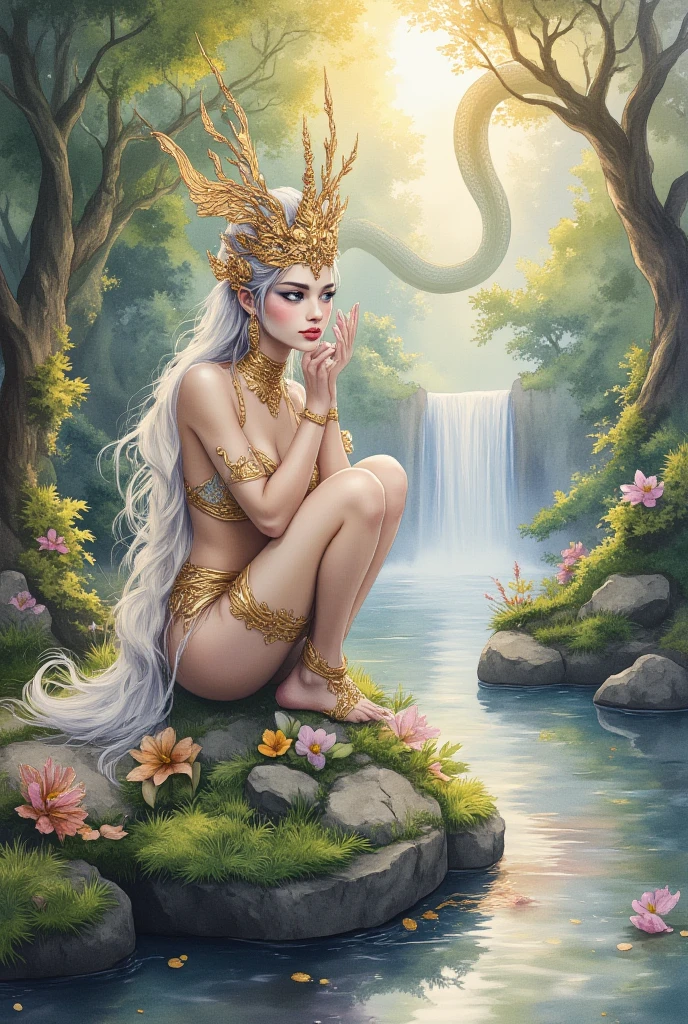 Beautiful woman, totally naked, with completely white skin, with yellow eyes, with thick wavy and green hair, with a golden unicorn horn on her forehead, with an entire body, in the middle of wooded mountains, surrounded by waterfalls under a yellow sunset, painted by John William Godward