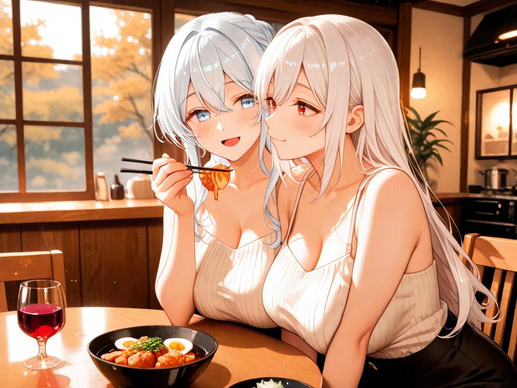 Young woman and sister, beautiful woman, medium breasts, messy, shirtless, sweaty, wet, eating rice, rice bowl, food, chopsticks, sexy, sitting, lace shirt, bra 
