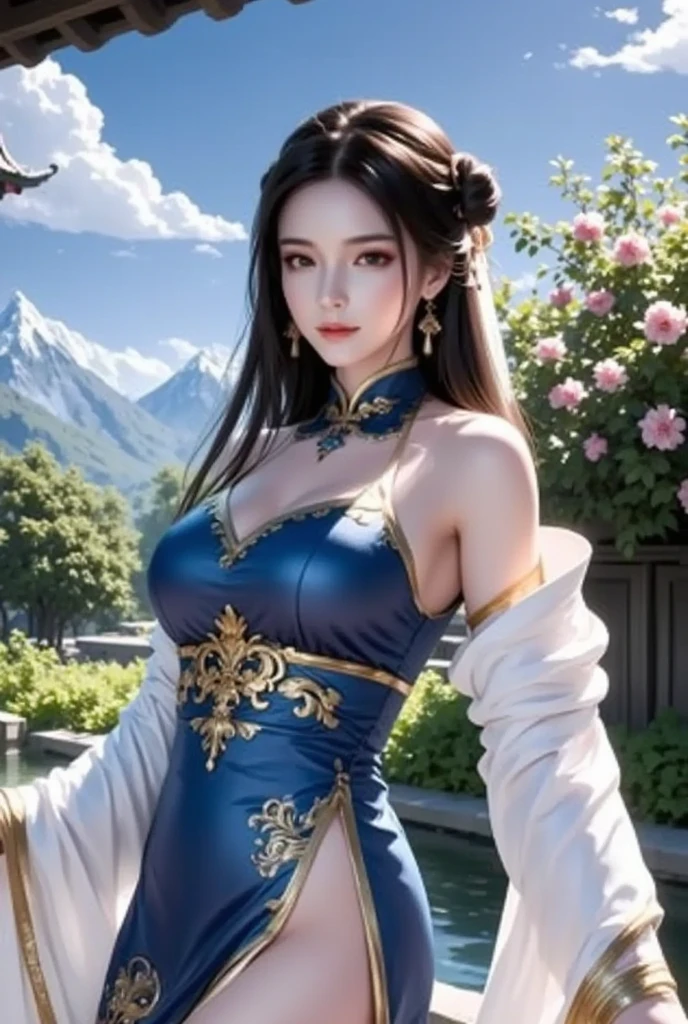 Upper body,, masterpiece, superlative, high resolution, long brown hair, jewelry hairpin, big breast, riverside and rock or temple or bridge, extreme suit, sitting position, (Song dynasty, Song costume: 1.2),