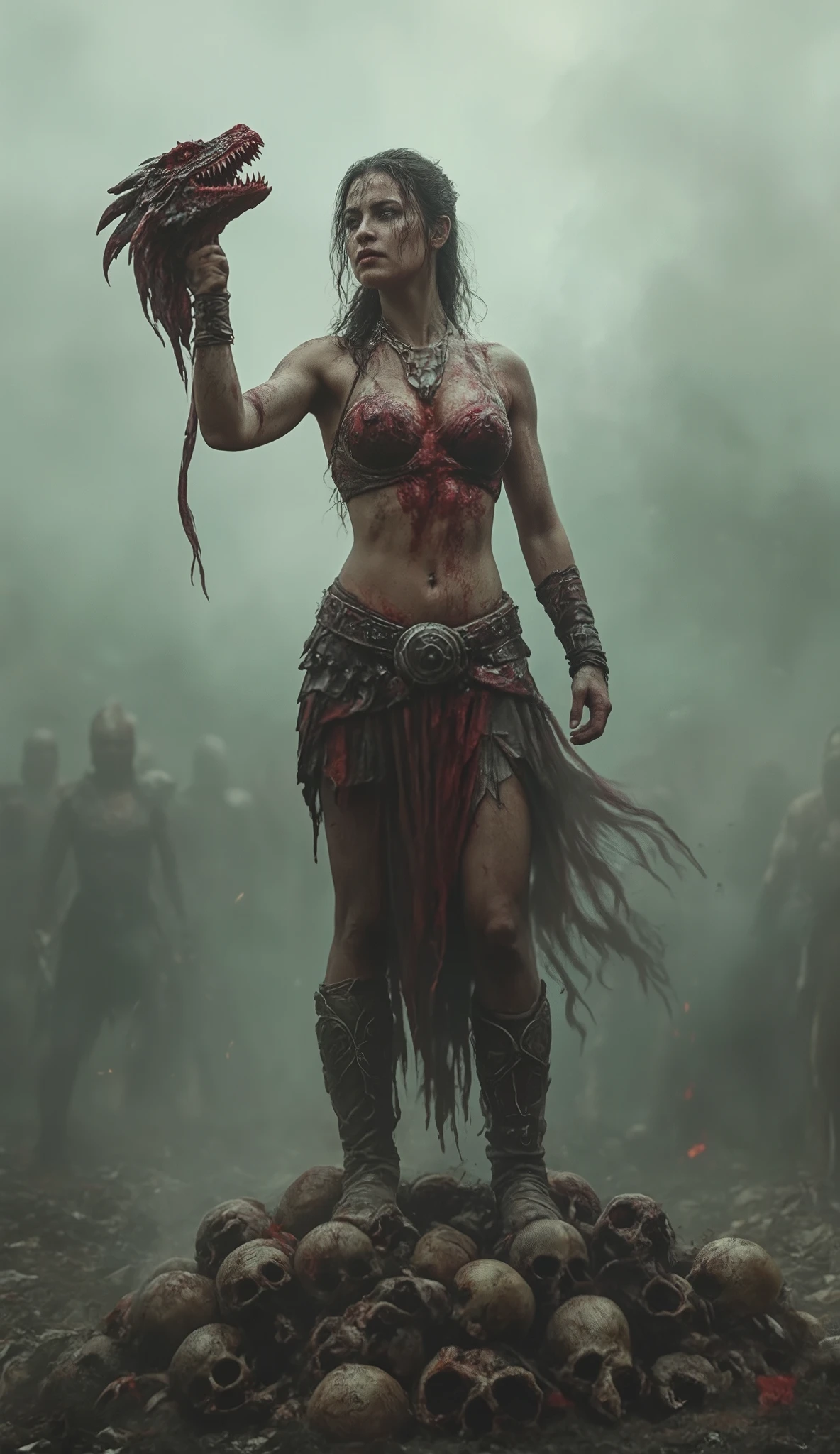 An ancient female gladiator, woman warrior, on the battlefield victorious with a bloody and decapitated dragon's head in her hand, wound chest, standing on a pile of skulls, scary smoky and foggy scene, cruel, Rating R