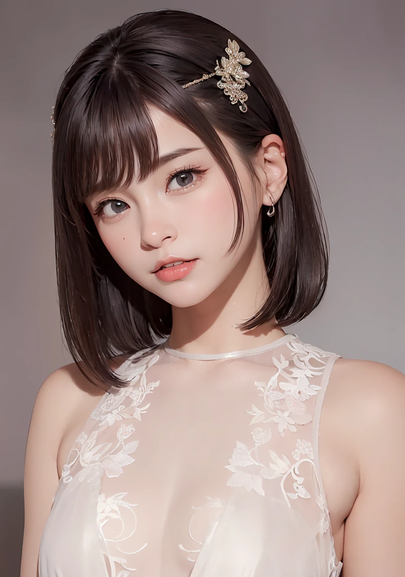 (highest quality、8K、32k、masterpiece)、(realistic)、(Photoreal:1.2)、(High resolution)、Super detailed、very beautiful face and eyes、1 girl、round and small face、thin waist、delicate body、(highest quality、high detail、Rich skin details)、(realistic、realistic:1.37)、bright colors、(((brown hair)))、(((bust shot)))、(((medium hair)))、(((thin eyebrows)))、(((With stylish hairstyle)))、(((pure white wall background)))、(((pure white wall background)))、(((smile)))、(((Wearing a striped camisole)))、(((brown hair)))、(((I'm combing my hair with my right hand)))、(((Grey and white camisole)))、(((She has a red heart tattoo on her collarbone.)))、(((Camisole with a small ribbon)))、(((idol face)))、Striped camisole
