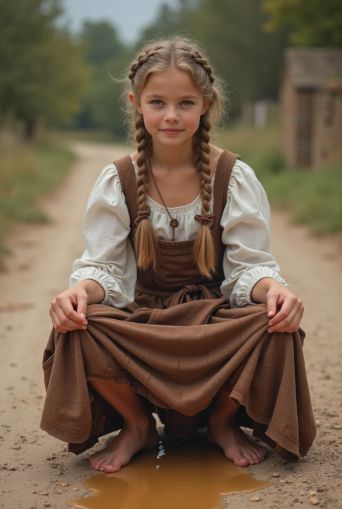 Photography, Masterpiece, high resolution, realistic image ((Germany, Middle Ages, misty mountain forest, a young german preschooler, very small 8 years, wears authentic medieval clothing, on the way home with 1 HAND MASTER, laugh and play)), ((Unusually large bust size for her young age.., Wide hips)), smile flirtatiously and shyly, pikaboo lifting her skirt