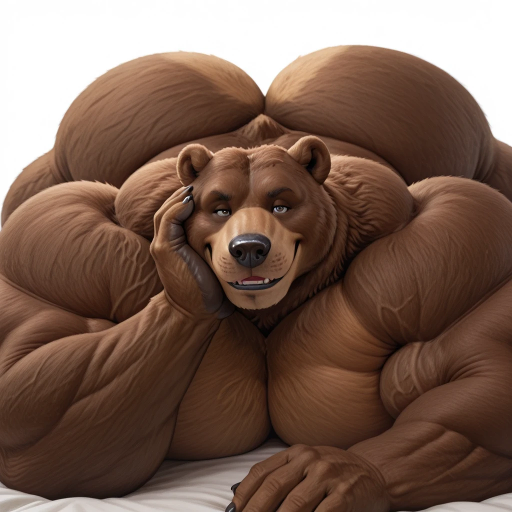 Brown bear, naked, lies on his belly in bed, shows his butt to the camera, looking away from the camera.