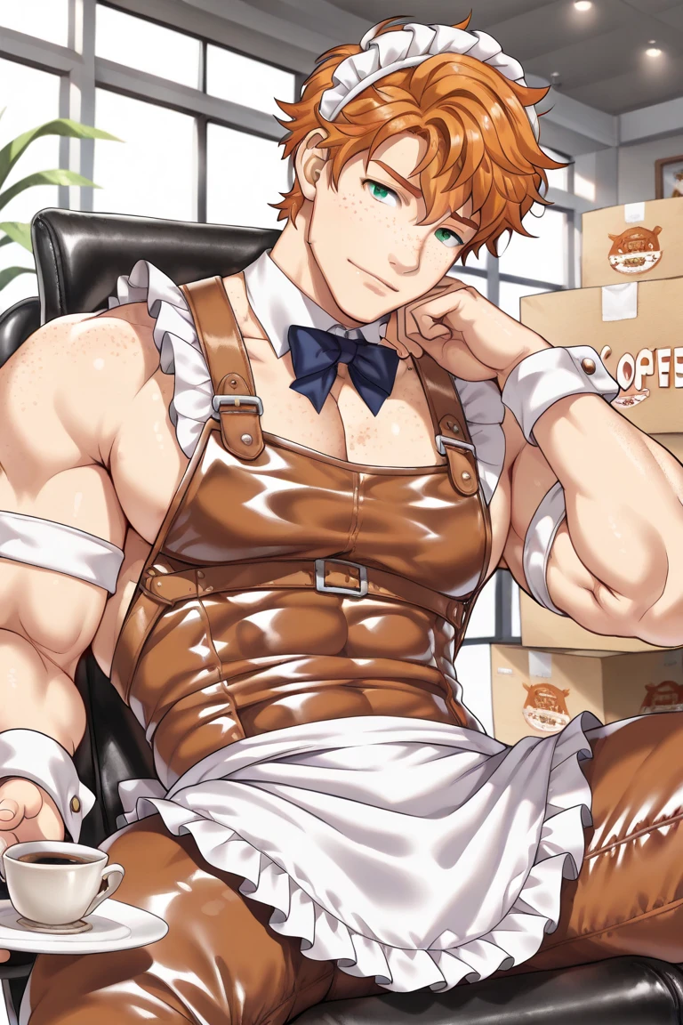 vane /(granblue fantasy/)、muste piece, ,NSFW,best quality,male,solo,beautiful detailed skin、Glittering oiled skin,blush、(black apron, cafe uniform,detailed face,blush,Panting、orgasm:1.2), complicated and elegant、sexy、 Strong muscles、spread legs,(anal,penis,sex,projectile cum,semen,:1.3),kitchen
