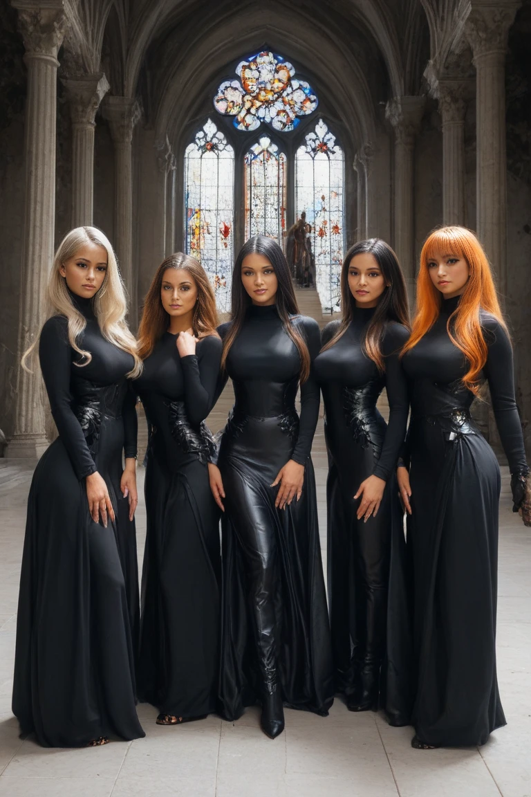 (beautiful faces, super model, all women are running at the viewer with their hand reaching for him), (best quality:1.2,ultra-detailed,realistic:1.37), two sexy nude witches, with detailed slender bodies with runic tattoos all over their naked bodies, (extremely beautiful faces with gothic makeup, pale skin, slender bodies with small to medium sized tits, shaved pussies, and long flowing hair) casting spells, enchanted forest background, mesmerizing atmosphere, (nude wearing only tall shiny knee high boots and flowing robes exposing their naked bodies), (commanding poses, using wands, swirling magic in the air, dark magic, necromancy, midnight gathering of witches, full nude body view, 30' in front of viewer, head-to-toe in frame.