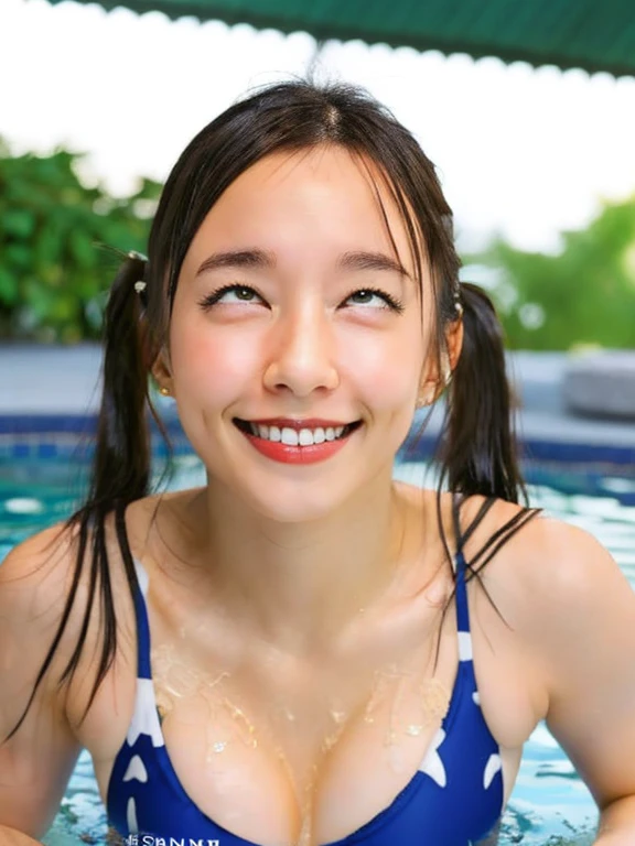 masterpiece, highest quality, 8k, Ultra-dense skin, Perfect Anatomy,Upper Body, cute,1 girl,Riho Yoshioka,Face close-up,Long black hair,Twin tails,Oily, shiny skin,Smooth Skin,Looking at the audience,Sharp focus,focus on,Frilled swimsuit,20-year-old,Natural look,A refreshing smile,Outdoor swimming pool,Resort,night,Fine grain,Excited,Sexy pose,erotic