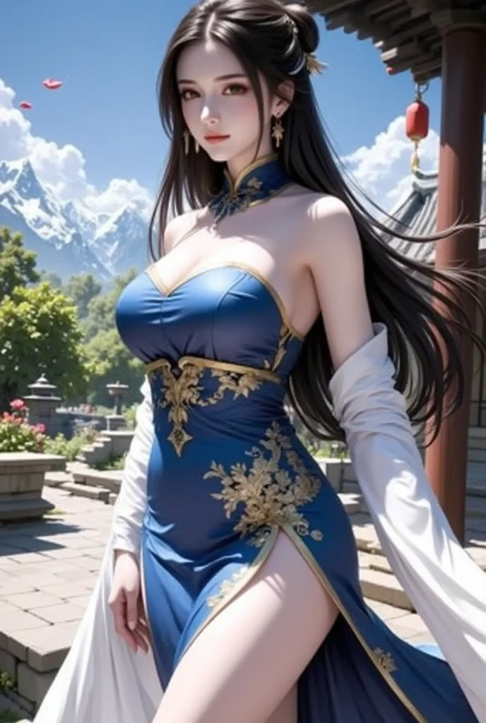 Girl alone, single, hide breasts, do not show cleavage, long dress with slit, blue costume, long hair, black hair that reaches to the waist, ponytail, gentle smile, smile, lightly open lips, blush, shy, shy, tall, fingerless gloves, sword, meadow, fantasy, rpg, masterpiece, best quality, refreshing breeze, 8K, medieval, not modern (huge breasts: 1.2)