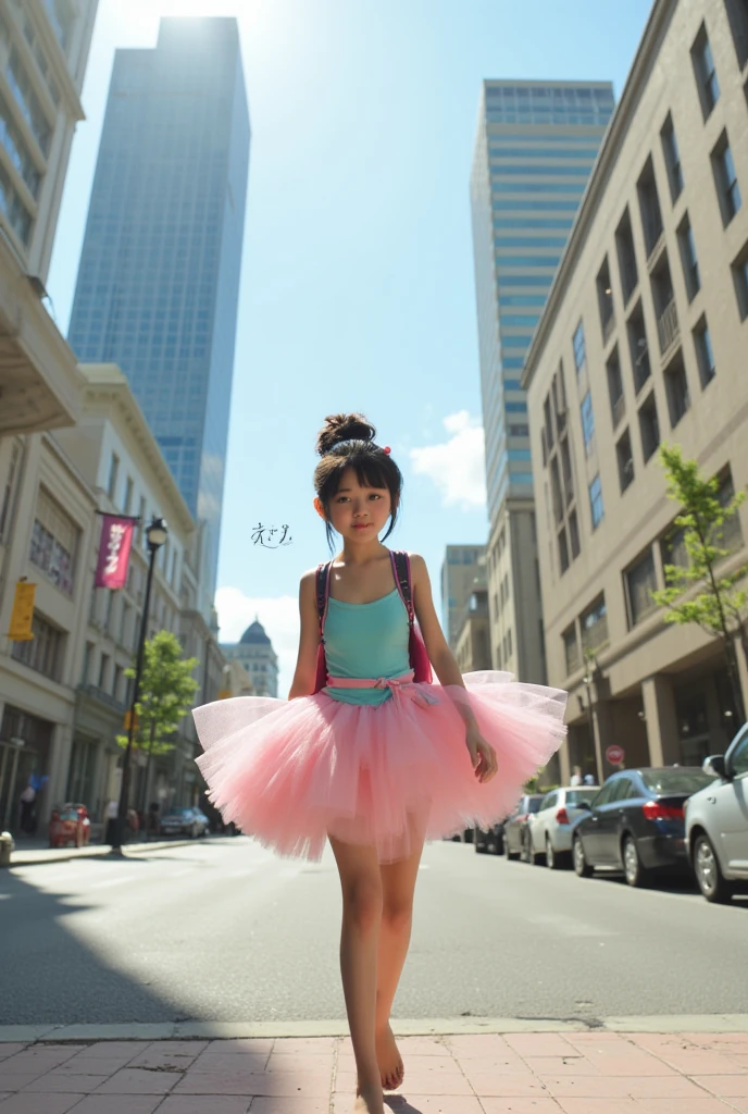 A girl between 6 and with short curly hair, all stylish in a skirt, pink All Star shoes and headphones.
