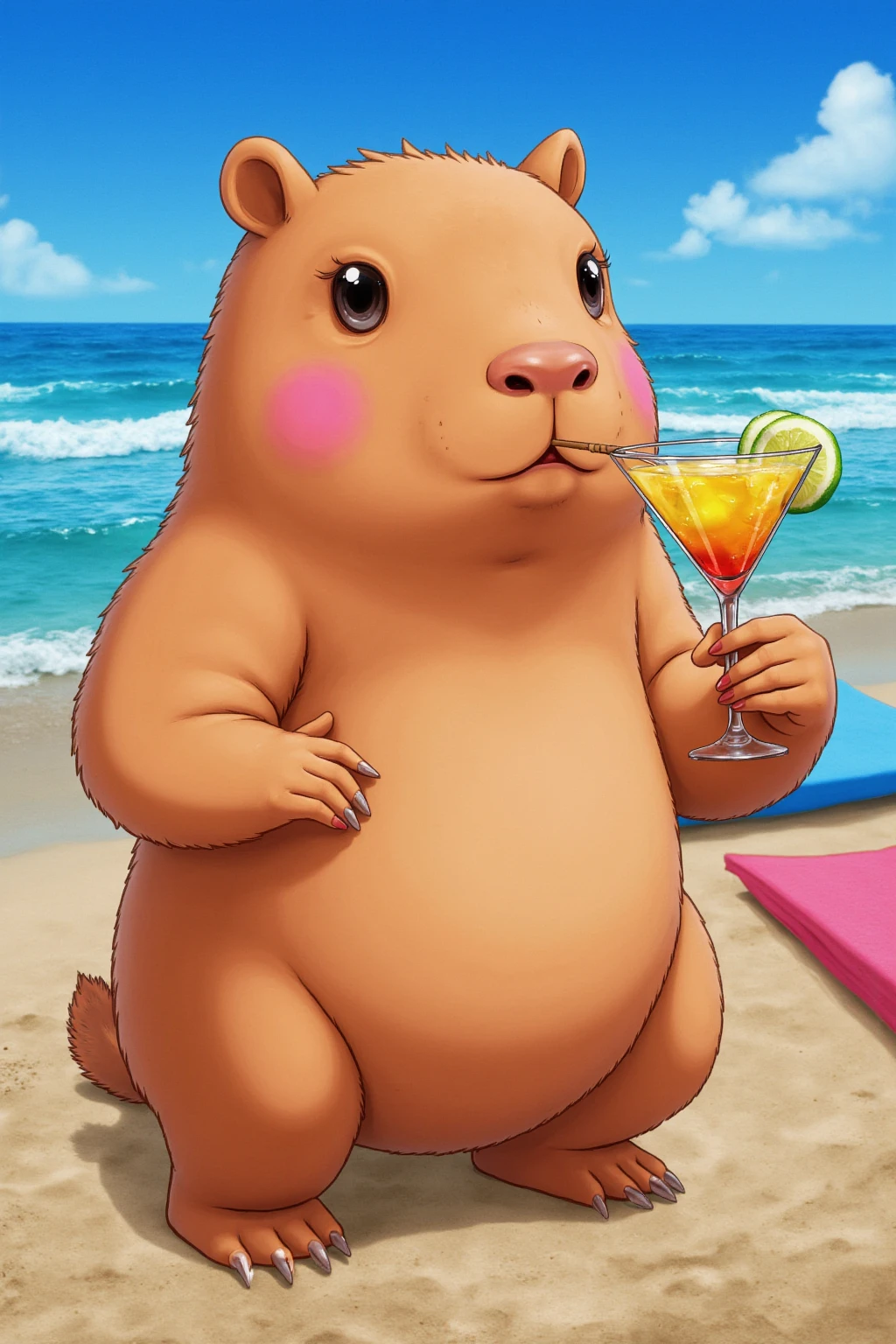 By bebebebebe, by lostgoose, by goonie-san, female, ((canine, snout, hair covering eyes, straight hair, medium hair, flat hair, ears, thin snout)), brown fur, big poofy tail, raised tail, dark maroon hair, (muscular, big breasts), solo, smiling, sitting on rhe ground, happy, gym shorts, sports bra, on the beach, (((eating slices of watermelon)))