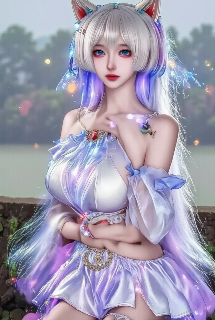 ahri,league of legend,Vastaya,Nine Tailox ears white hair girl,Raised sexy,big breasts enchanting,Obsessed,Gentle eyes,Kyuubi exposed,The power of energy balls in your hands,Hair is fluffy and flowy,aura of power,eBlue's eyes wander in the air,Kneel on one leg,Ready to get started,Fighting posture,Battle background),8K,Complicated details