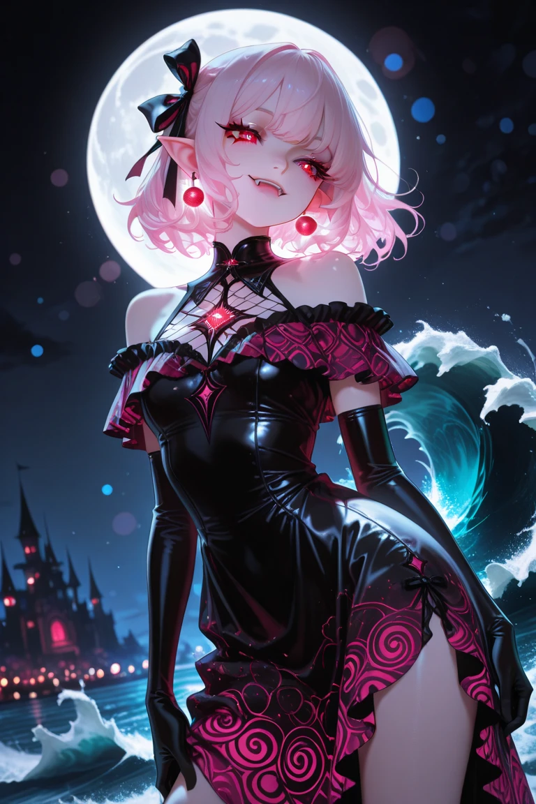 masterpiece, best quality,
1girl, (colorful),(finely detailed beautiful eyes and detailed face),cinematic lighting,bust shot,((young, petite, flat chest)),extremely detailed CG unity 8k wallpaper,white hair,red eyes,solo,smug smile,intricate skirt,revealing outfit, sheer clothing, vampire fangs, ((flying petal)),(Flowery meadow)
sky, cloudy_sky, building, moonlight, moon, night, (dark theme:1.3), light, fantasy,