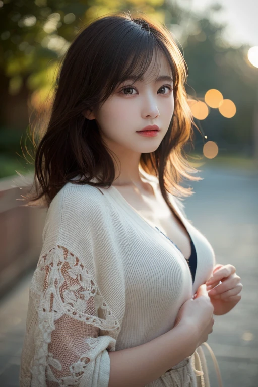 masterpiece, Best Quality, 8K, 20 yo, Large breast, cuddly, Solo, sad, Cute, Girly, Delicate girl, Neat and clean beauty, Raw photo, Professional Photography, Portrait, Soft light, Professional Lighting, Back lighting, Upper body, Looking away, Sophisticated, Film grain, (Eyes and faces with detailed:1.0), short length floating hair, beautiful flowing hair, bangs, sweater,