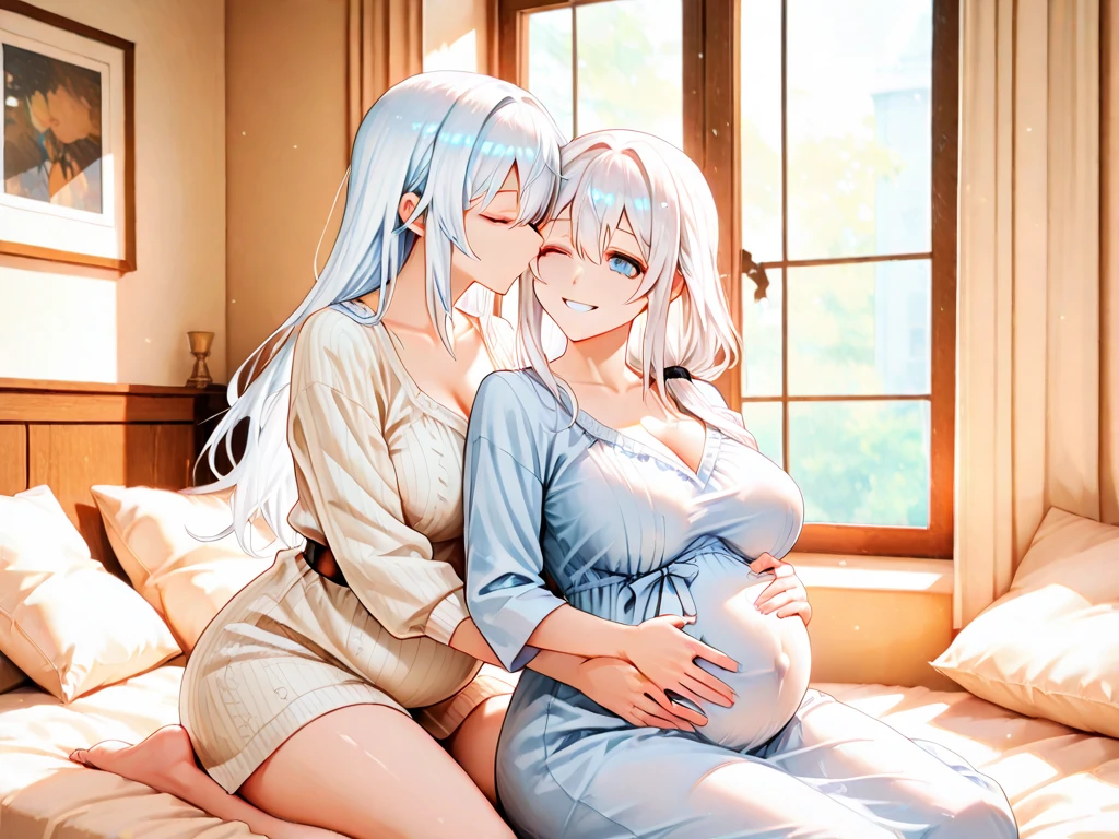 ((best quality)), ((Masterpiece)), (details), old maid, My hair is starting to turn white., purple eyes, Still beautiful, Looks younger, Age 60, Big breasts, Not wearing a dress, seductive pose, Pregnant,bedroom, have a smile,