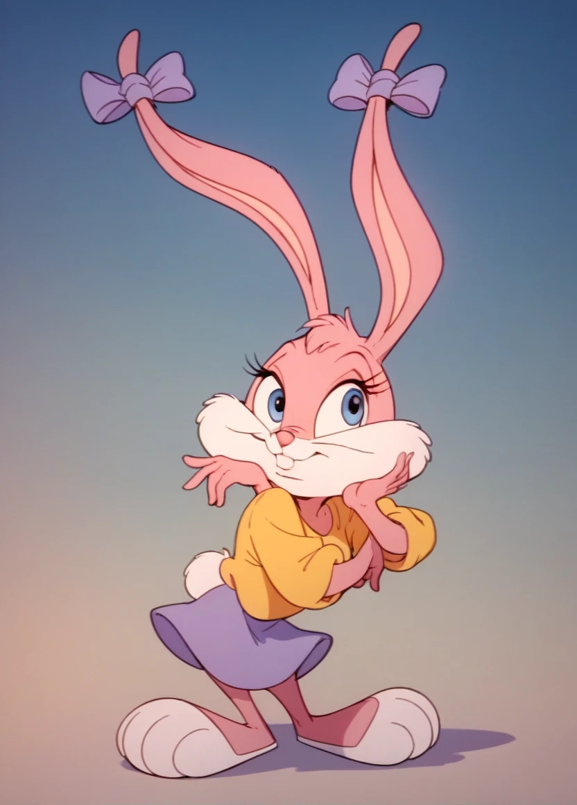 concept art solo, cute, cub, Babs, bunny, girl, sly expression, Pink eyelids, rabbit teeth, pink nose, pink body, pink head, pink ears, pink legs, white cheeks, white feet, white tail, ears drooping, lop-eared, yellow T-shirt, purple skirt, purple bows on the ears, modest, thoughtful, naive, (((sitting on floor))), (((focus on feet))) feet facing viewer, (((showing soles))) erotic pose,Perspective)),(Full-Length Shot:1.3),(Cinematic:1.3), (AS-YoungV2:1.3),
masterpiece, high quality, best quality, manga style, anime style, 8k, 4k, texture, intricate, detailed background, 3d fluffy, long fuzzy fur, glow effect, particle effects, light particles, dramatic, hot body, body blush,
solo, solo focus, pov, looking at viewer