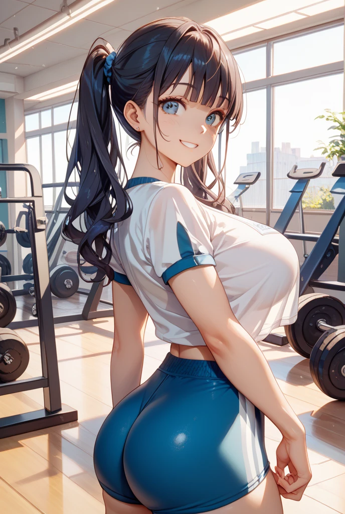 Japanese, 60-year-old mature woman, mature woman, dark blue bloomers, gym clothes, white T-shirt, wrinkles around the eyes, smile, long black hair, detailed face, big breasts, big breasts, 4K, high resolution
