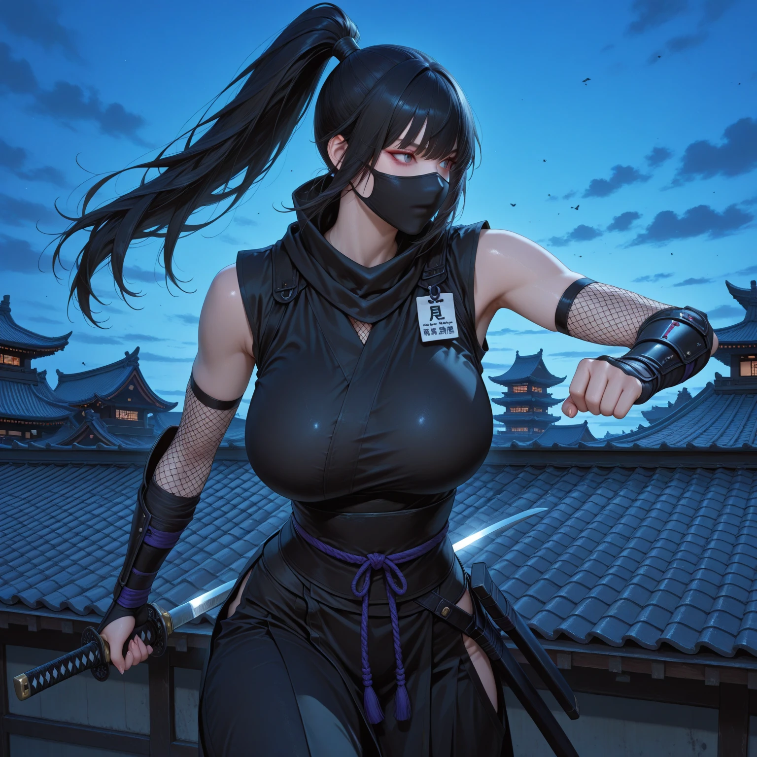 (16k, masterpiece, best quality), ultra-detailed, detailed beautiful round eyes, beautifully detailed face, high quality, high resolution, female ninja is on the roof, ninja suit, village background, night time