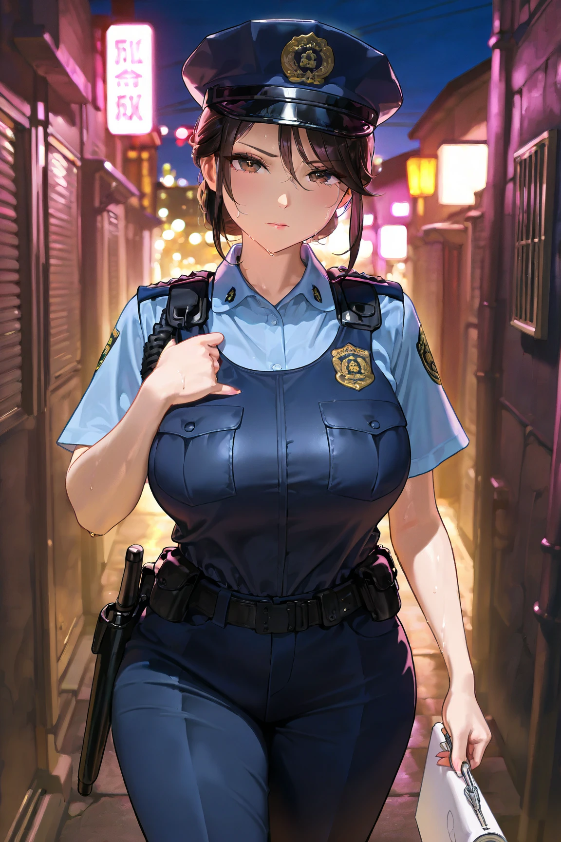 masterpiece, high quality, detailed eyes, 1 girl, One,black medium hair, bobsleigh, bang, (large breasts1.0), A slight smile, (muscular:0.5), White police uniform,hand icon, short sleeves, chest pocket, belt, split, crop tops, blue short pencil skirt, garter belt, Black Stockings, necklace, thigh strap, Covered nipple, sexual , black hair , road background, have a gun holster in your skirt