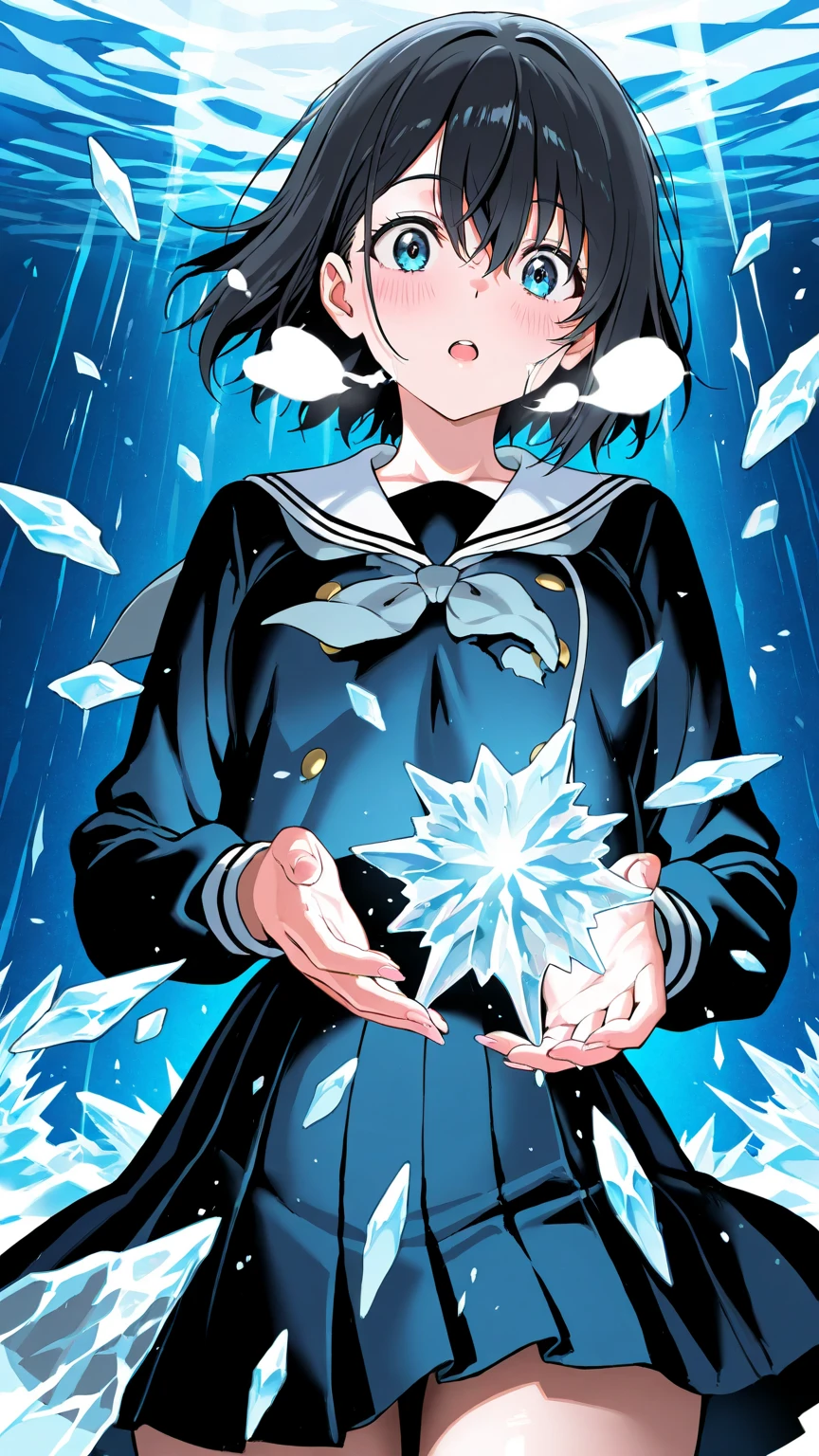 A girl screaming about having too much power, her eyes are red and she cries, long black hair with bangs, red electricity around you, and everything is destroyed behind her.