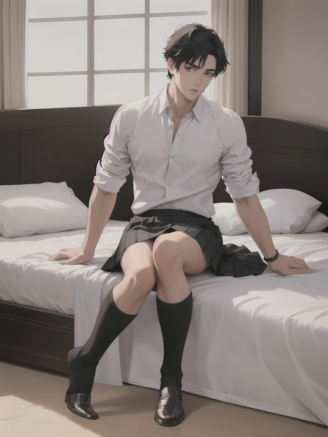 Handsome guy, levi ackerman eyes, cat eyelids shape, black hair, curtain hairstyle, wearing a polo shirt, outdoor background, sitting pose, full body.