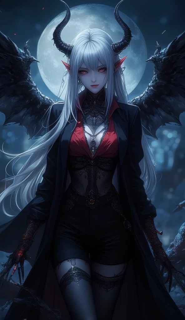 Succubus, Fangs, Red Eyes, Cute, White Hair, Curly Hair, Long Hair, Flying in the Air, Gothic Style, Barefoot, Devil's Wings, Sunset, City, Dusk, Panorama Lens (Wide Angle Lens), Dark, Real