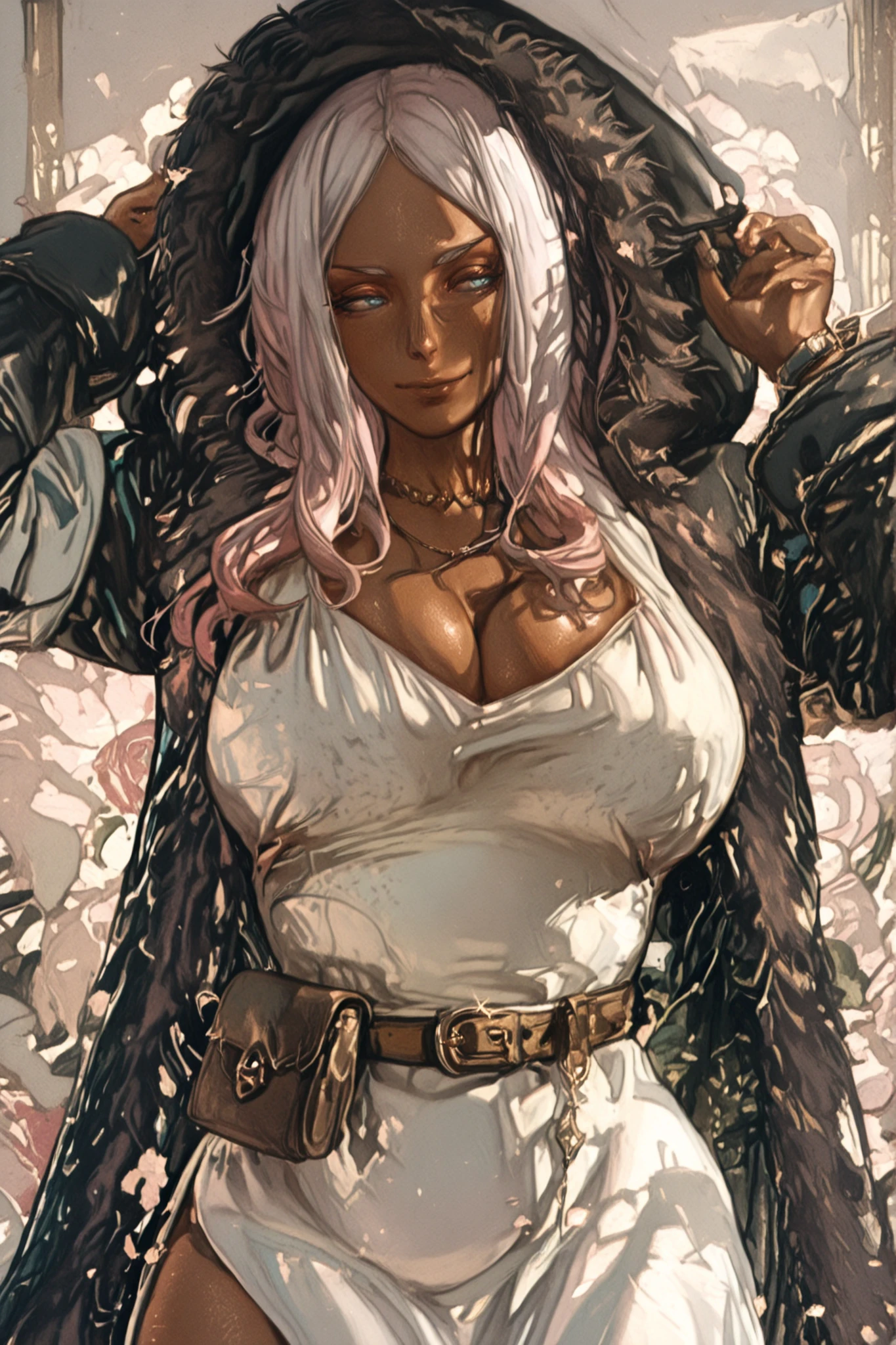 score_9, score_8_up, score_7_up, score_6_up, score_5_up, score_4_up, 
BREAK
(masterpiece: 1.0), best quality, perfect anatomy, perfect composition, perfection,
BREAK
cinematic lighting, stopu42
BREAK
1girl. hibana, long hair, blue eyes, pink hair, white hair, dark skin, dark-skinned female, mature female, breasts, long sleeves, dress, cleavage, jewelry, belt, hood, necklace, white dress, coat, fur trim, pouch, black coat, brown belt, belt pouch, side slit,, Smile,  cute pose, voluptuous, simple background, Painterly, hyperdetailed painting, impressionism