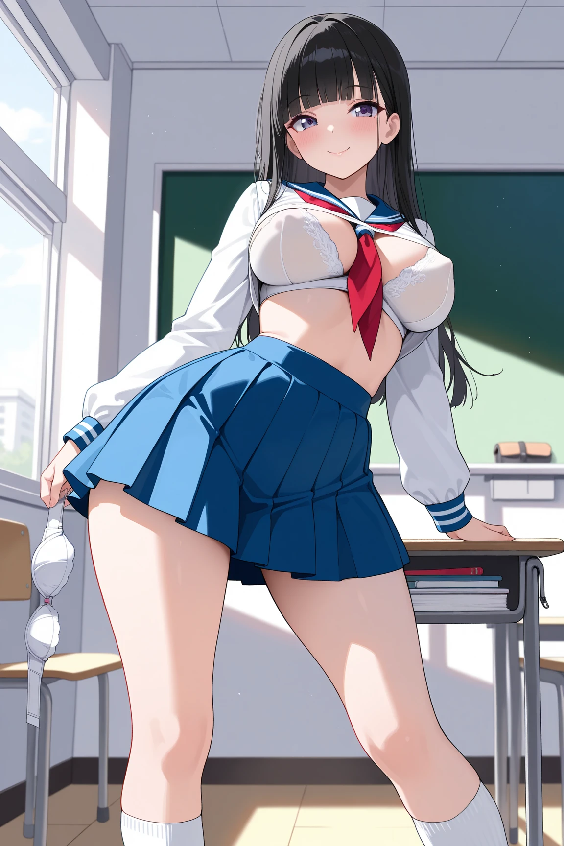 Score 9, Score 8 up, Score 7 up, The rating is questionable,
Detailed Background, Shiny skin,Reika Aoki,
Reika Aoki, straight long blue hair, blunt bangs, blue eyes, nanairogaoka middle , blue necktie, long sleeves, blue top,nsfw,panties,lift up skirt,,large breasts,whole body,thin,embarrassed,daytime,in the classroom,anime style,high quality,masterpiece,highly detailed