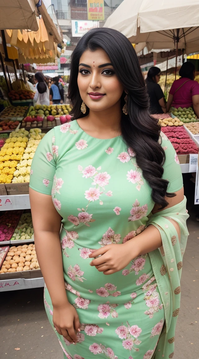srabanti chatterjee Indian beautiful actress curvy plus size hour glass bulky figure woman, closeup camera view, wearing Tween Girl Ditsy Floral Print Ruched Bust Cami Top, different style hairstyle, bright eyes, thin eyebrows, fair skin, blushing cheeks, prefect head to toe view, full body view, Flower Market: A bustling market filled with colorful blooms, vendors, and fragrant scents. smile face, black hair, Indian face, perfect skin tone light, ultra realistic skin texture