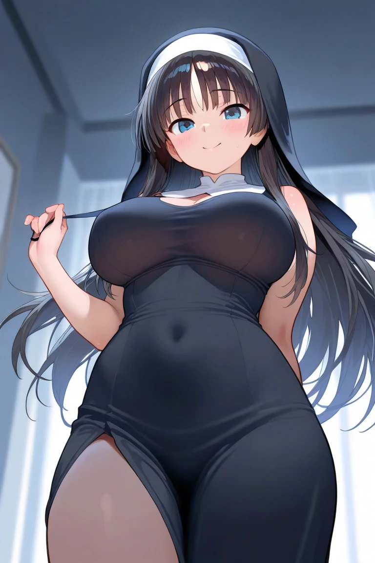 (masterpiece, best quality, highres, UHD, perfect pixel), Inoue Takina, Long hair, Bangs, Black hair, (Purple eyes:1.2), medium breasts, indoor, bedroom, dynamic pose, busty, perfect body, POV, blushing, (cleavage:0.8),(G Bunny Girl)、1st from the bottom.3