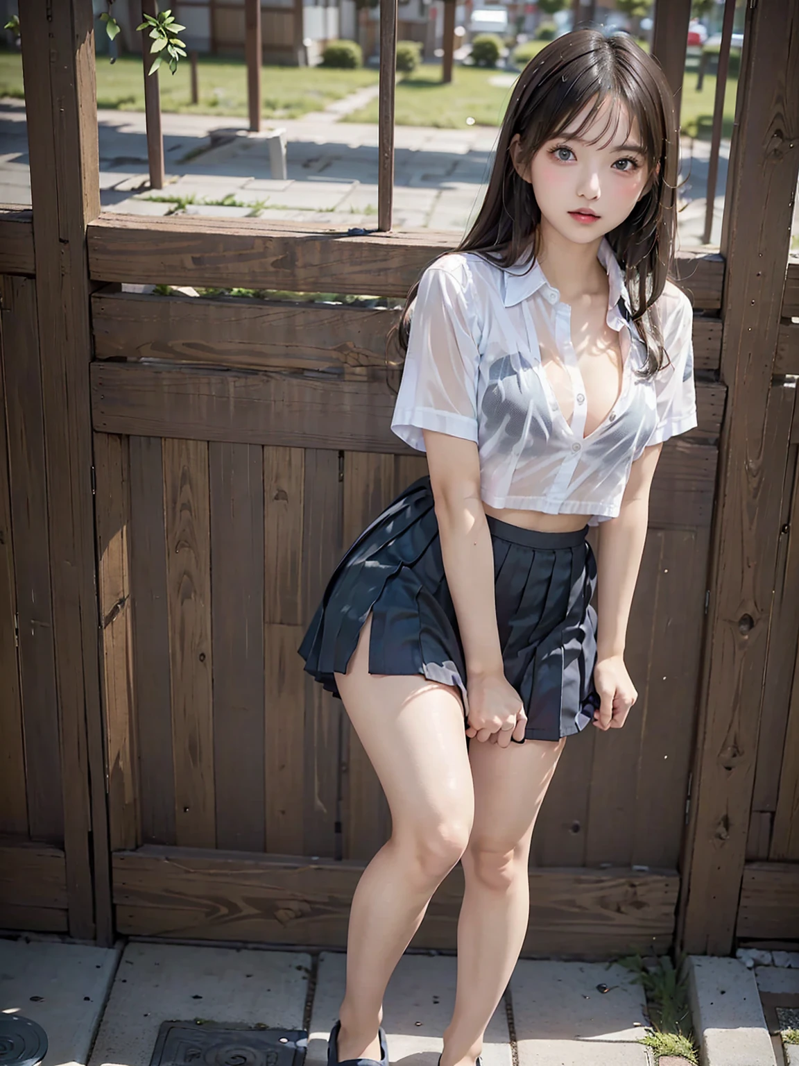 detailed_background, realistic, full body, 1girl, eye glasses, blushes, dark alley, black hair, longhair, bangs, cleavage, big bust, belly, crotch, small waist, bare legs, thighs, thicc_thights, knees, sneakers, white sleeveless camisole, white pleated skirt, panty_shot, crotch seam, crotch tuft, crotch fluff, crotch belly, arm raised, armpits, (wind lift:1.6)